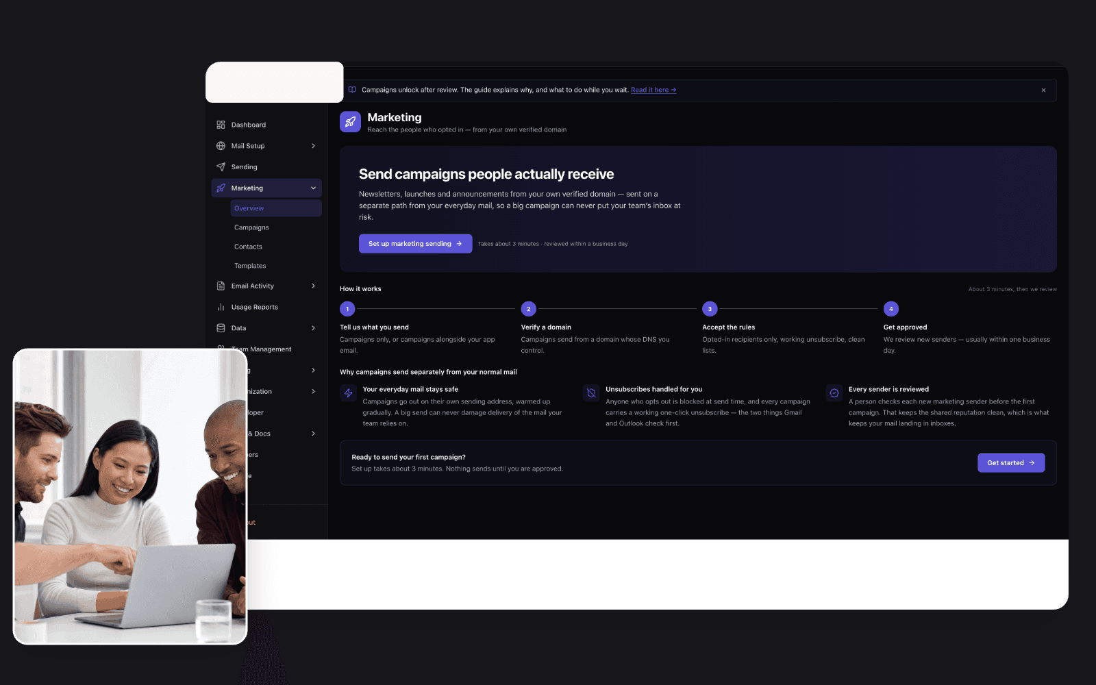 The Marketing overview in the Mailyte dashboard