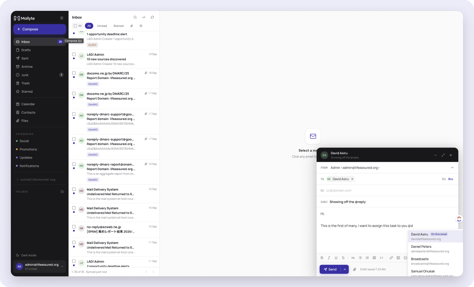 Mentioning a teammate while writing an email in Mailyte webmail