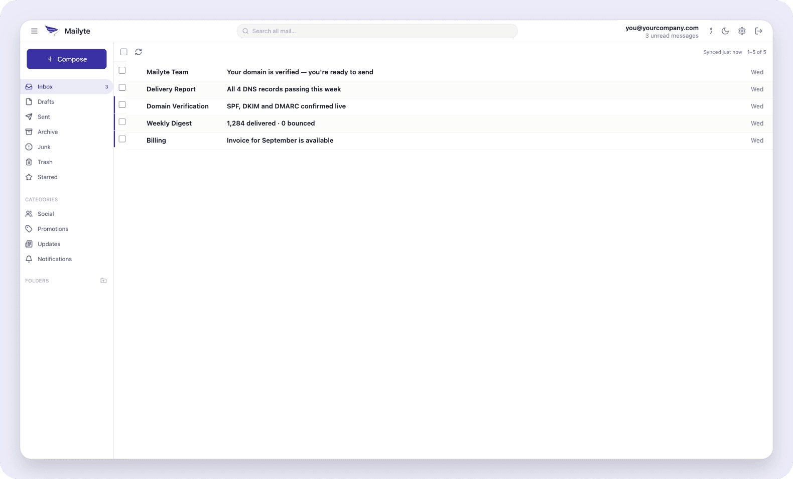 The Mailyte webmail inbox